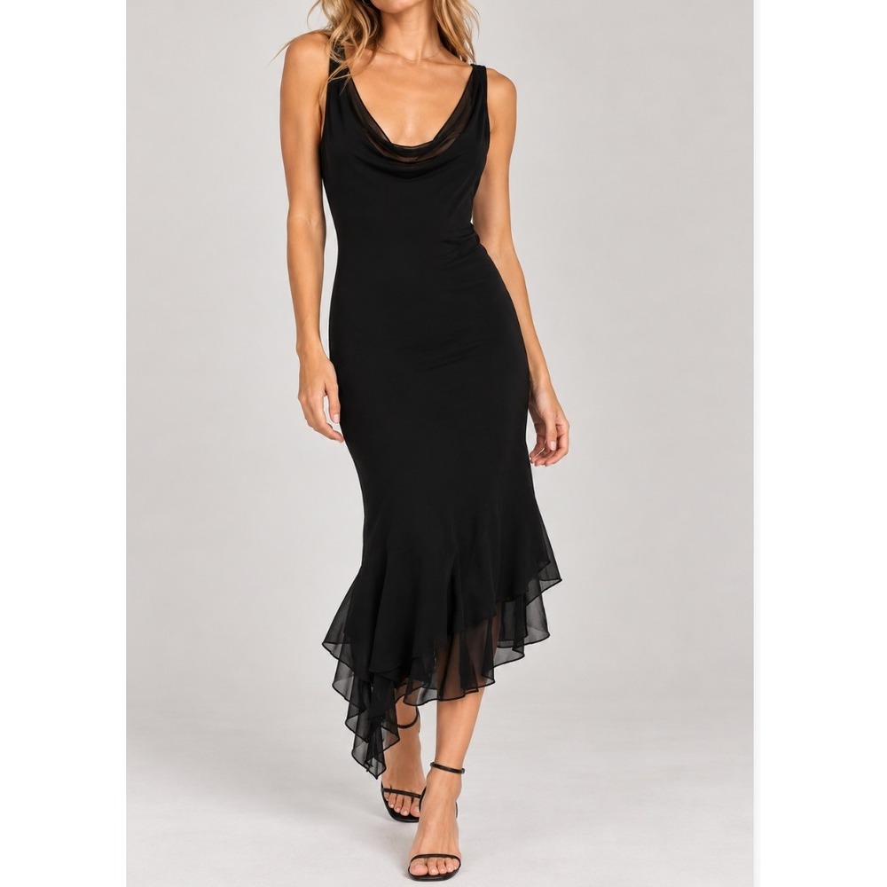 VTG ABS Evening Allen Schwartz Black Cowl Neck Open Back Ruffle Midi Y2K Dress 8